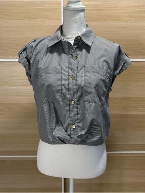 Michael Kors Striped Cropped Cap Sleeve Button-Front Top